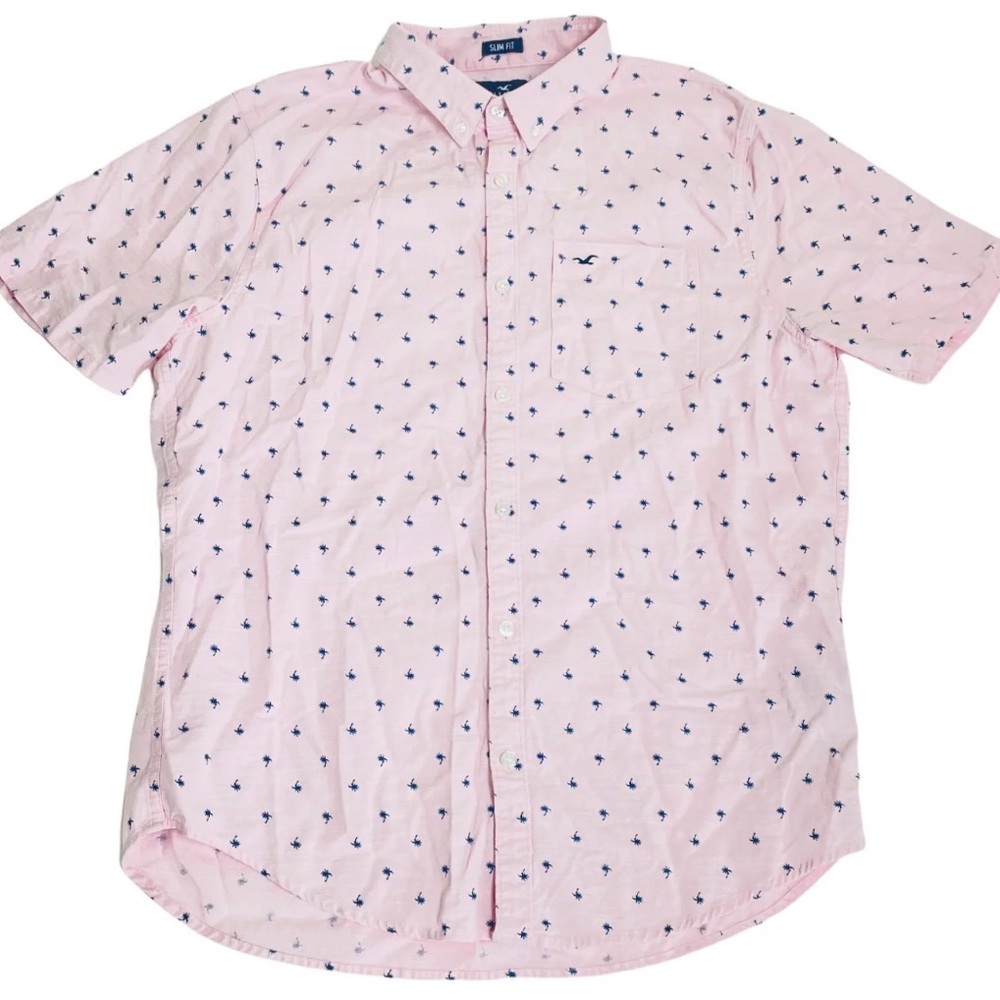 Hollister Men's XL  Epic Flex Stretch Slim Fit Pink Palm Tree Button Down Shirt